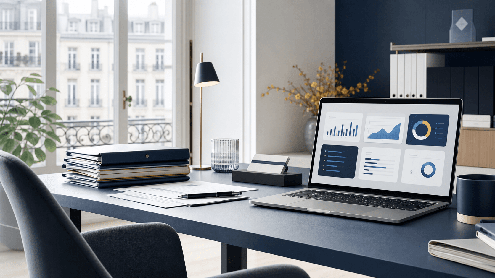 Bureau de courtier moderne avec tableau de bord abstrait